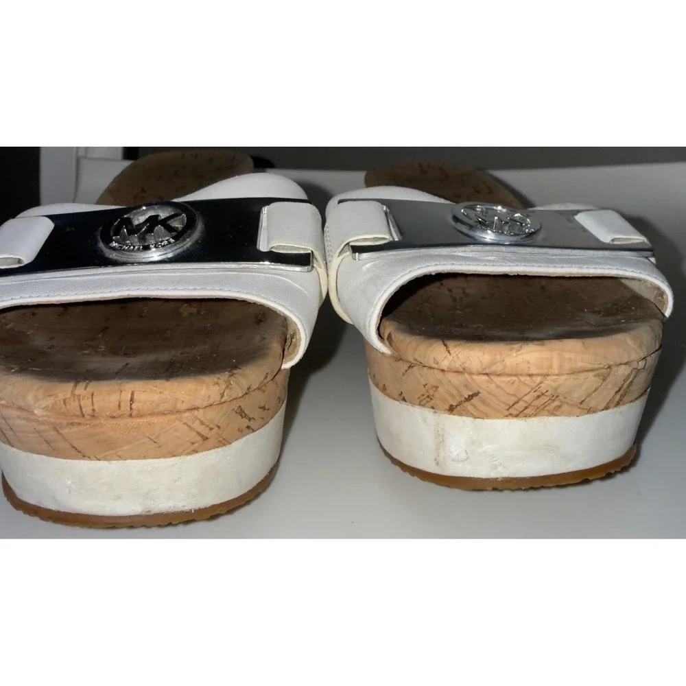 Michael Kors White Leather Cork Wedge Platform Sandals MK Logo Slides size 6